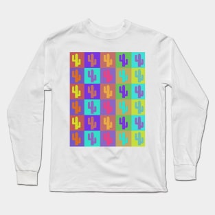 Saguaro Cactus Pop Art Checkered Pattern Long Sleeve T-Shirt